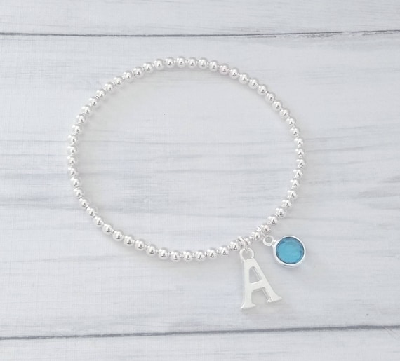 Personalized Beaded Initial Bracelet: Silver Plated Birthstone Charm