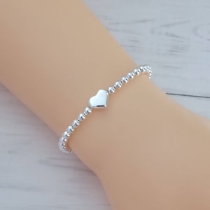 Silver Plated Heart Bead Bracelet, Stacking Stretch Bracelet