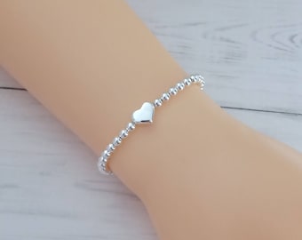 Silver Plated Heart Bead Bracelet, Stacking Stretch Bracelet