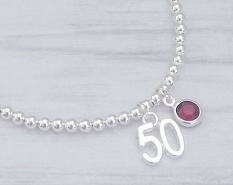 50th Birthday Birthstone Bracelet: Silver Plated Beaded Stretch Bracelet