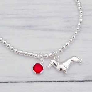 Sausage Dog Charm Bracelet: Silver Plated Bead, Birthstone Accent