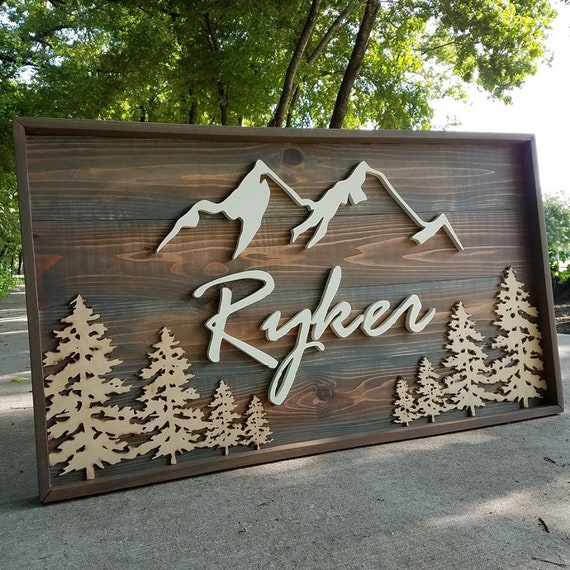 Large Rustic Mountain Sign Name Sign Nursery Decor Cabin Etsy