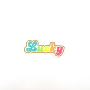 May include: A colourful embroidered patch with the word "Lucky" in a rainbow colour scheme. The patch is outlined in brown.