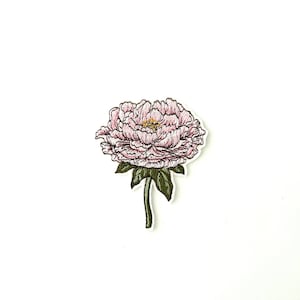 May include: An embroidered pink peony flower with green leaves and stem.