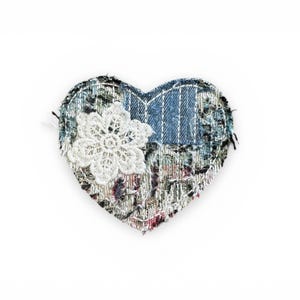 Embroidered Patch - Boro Denim Heart  -  Denim Mending Patch - Handmade in Australia - Upcycled Vintage Fabrics and Doilies