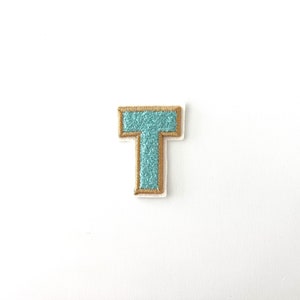 May include: A light blue felt letter T with a gold outline. The letter is on a white background.