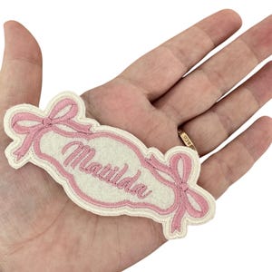 Custom Embroidered Name Patch – Baby Girl Bow, Script Name, Iron-On, Merino Wool Felt