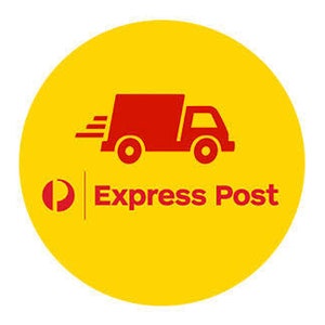 Può includere: Un cerchio giallo con un'icona di camion di consegna rosso e il testo "Express Post" in bianco. Il logo è per il servizio postale australiano.
