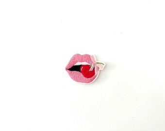 Embroidered Patch - Coquette Lips -  Cherry Bow Patch - Baby Pink - Handmade in Australia