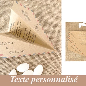 Wedding invitation origami plane, recycled natural kraft, Destination travel theme wedding, Eco responsible wedding