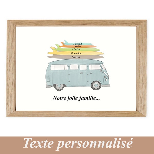 Affiche Famille personnalisée - Combi WW et surf - Illustration - décoration murale