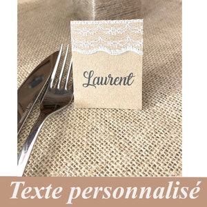 Marque-places chevalet mariage, kraft naturel et dentelle, personnalisable aux prénoms des invités, mariage champêtre, chic