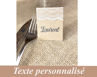 Place-markers wedding easel, natural kraft and lace, customizable to the first names of the guests, country wedding, chic