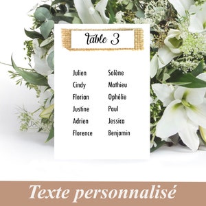 Plan de table pour mariage, toile de jute, Mariage champetre, décoration de table mariage, Numero de table, carton de table
