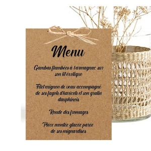 Carte Menu personnalisé en kraft naturel et noeud raphia pour mariage champêtre, baptême, communion, anniversaire, décoration de table