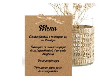 Personalized menu card in natural kraft paper and raffia bow for country wedding, baptism, communion, birthday, table decoration
