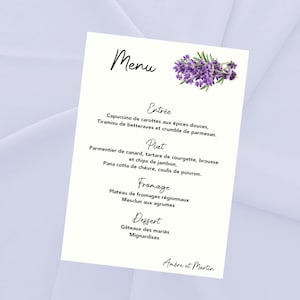 Menu personnalisé pour mariage Style Provençal, Motif Brin de lavande, papier texturé