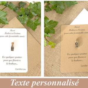 Cadeau personnalisé Maîtresse, Maître, Atsem, Nounou -Carte fiole en verre avec graines à semer  - Cadeau fin d'année scolaire