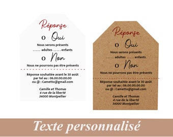 Carte Réponse mariage, lot de 10,  Invitation, faire part mariage kraft naturel ou blanc, personnalisation gratuite