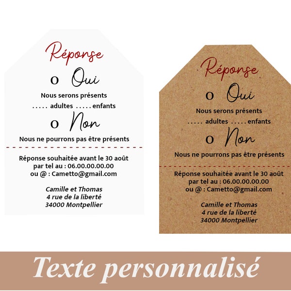 Carte Réponse mariage, lot de 10,  Invitation, faire part mariage kraft naturel ou blanc, personnalisation gratuite