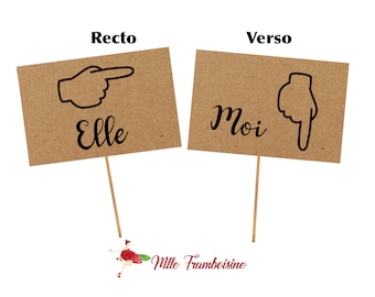 Sign HIM / HER for wedding game, acronym hands, natural kraft and wood