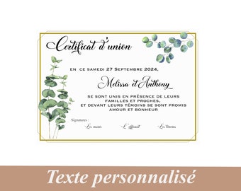 Certificat de mariage, d'union, pour cérémonie laïque, mariage nature, feuillage