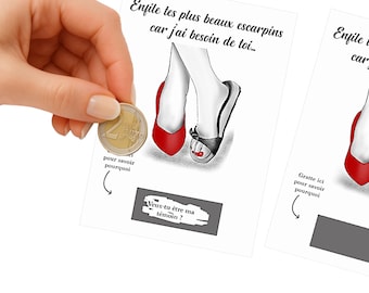 Scratch card requesting a witness or bridesmaid, pumps, original request for a witness or bridesmaid. Humorous card