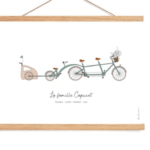 Affiche Famille personnalisée - Tandem vélo - Illustration - décoration murale - Cadeau personnalisé