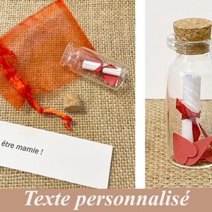 Message surprise annonce grossesse, demande témoin, demoiselle d'honneur, Fiole en verre avec message personnalisé et sachet organza rouge