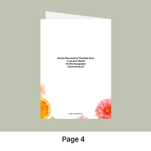 May include: A white card with text and floral accents. The text includes names, an address, and a phone number. A watercolor orange slice and a pink flower are in the corners. The words "Page 4" are at the bottom.