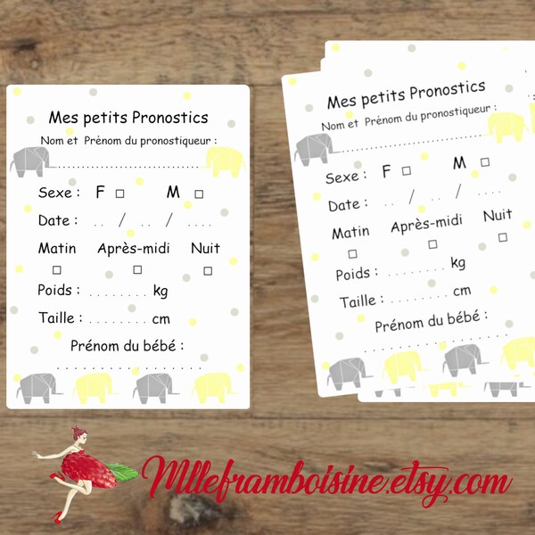 Cartes pronostics bébé, fête prénatale, baby shower, animation, naissance, origami éléphant gris et jaune