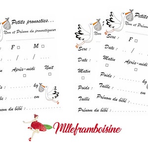 Cartes pronostics bébé, fête prénatale,  baby shower, animation, naissance, illustrations cigogne