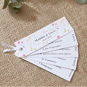 Menu éventail individuel petites fleurs, décoration de table mariage champêtre, bohème, bapteme, communion...motif floral