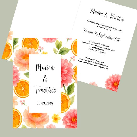 Faire-part Mariage floral - Carte invitation motif orange et fleurs colorées -