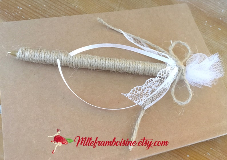 Stylo pour Livre d'or mariage champètre, corde naturelle et dentelle blanche image 4