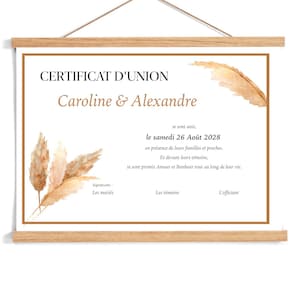 Certificat de mariage personnalisé, certificat d'union pour cérémonie laïque, Mariage champêtre, Herbe de la pampa, style aquarelle