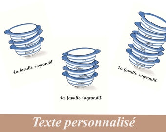 Personalized pregnancy announcement card, small Breton bowls, Blue and white, the family grows