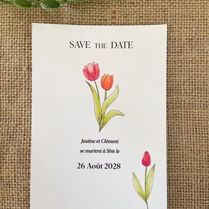 Save the date mariage champêtre, Motif Tulipe, Invitation florale pour mariage, Sauvez la date