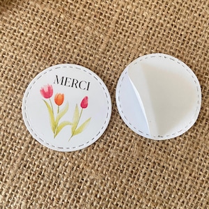 Étiquette autocollante MERCI personnalisée, Lot de 10, motif Tulipe, pour mariage, anniversaire, communion, baptême... thème floral