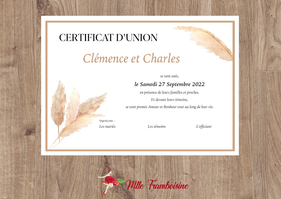 Certificat de mariage personnalisé certificat d'union - Etsy France