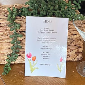 Carte Menu personnalisée Motif Tulipe, Décoration de table mariage, Anniversaire, communion, ou Bapteme,  Mariage floral