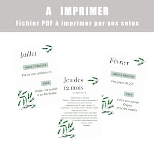 Peut inclure: Cartes de jeu PDF à imprimer, avec des textes en français. Les cartes présentent un design de feuilles vertes et des invites pour des activités comme inviter quelqu'un à un barbecue ou trouver une pièce de 2 €. Le texte "A IMPRIMER" est en haut.