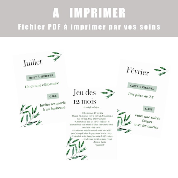 PDF à imprimer, Jeux des 12 mois animation mariage, motif Olivier, Format numérique