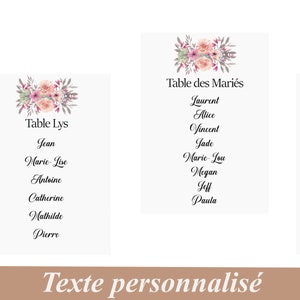 Carte Plan de table Mariage, motif floral, aquarelle, decoration de table mariage,Anniversaire, communion, Bapteme, Personnalisable