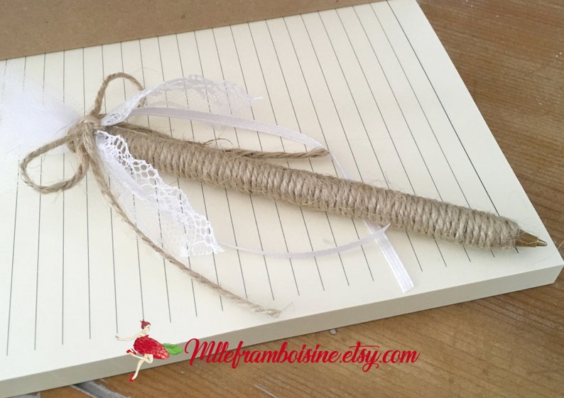 Stylo pour Livre d'or mariage champètre, corde naturelle et dentelle blanche image 2
