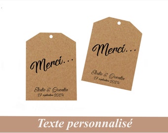 Etiquettes cadeau personnalisées, remerciement, "Merci...", mariage champêtre, kraft naturel