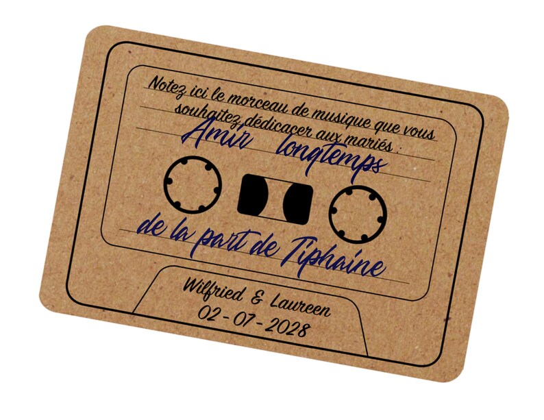 Cartes dédicaces chansons aux mariés, animation jeu mariage, DJ, musique mariage, Carte vintage K7, décoration de table et ambiance image 6