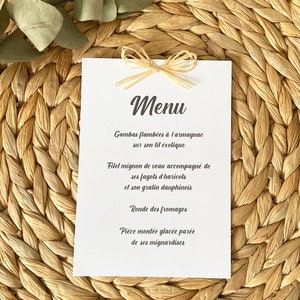 Carte Menu personnalisée avec noeud raphia pour mariage champêtre, baptême, communion, anniversaire, décoration de table