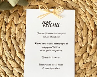 Personalized menu card with raffia bow for country wedding, baptism, communion, birthday, table decoration