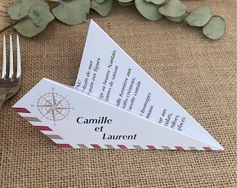 Origami airplane menu for wedding theme travel destination/travel with compass motif